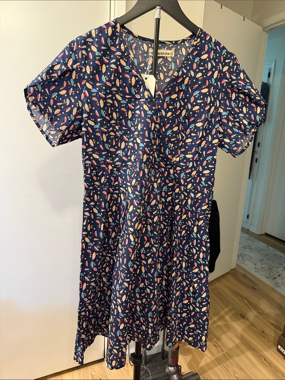 sm wardrobe dark navy blue short-sleeve V-neck dress with a colorful umbrella’s